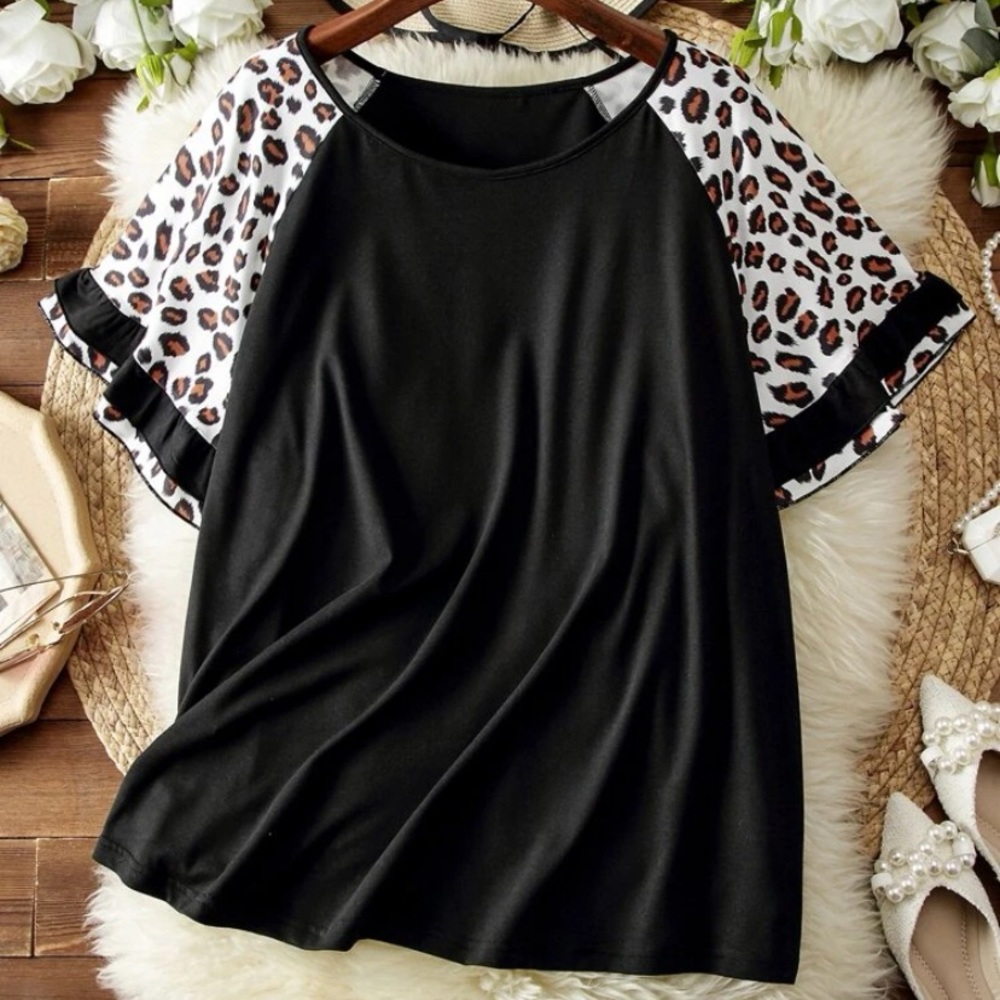 Black & Leopard Ruffle Blouse